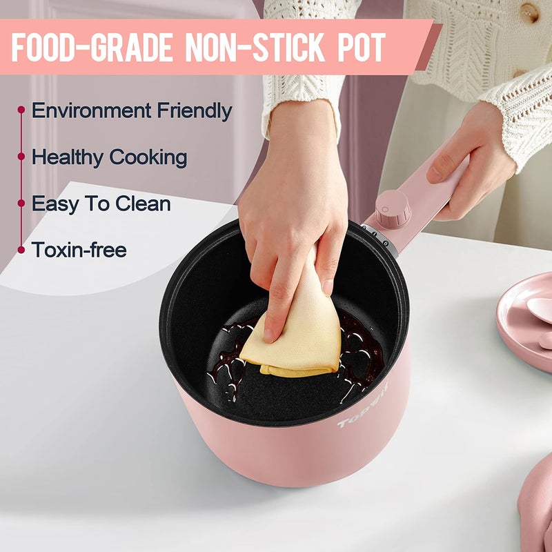 TopWit Hot Pot Electric, 1.5L Ramen Cooker, Portable Non-Stick Frying Pan, Electric Pot for Pasta, Steak, BPA Free, Electric Cooker with Dual Power Control, Over-Heating & Boil Dry Protection, Pink - Image 5